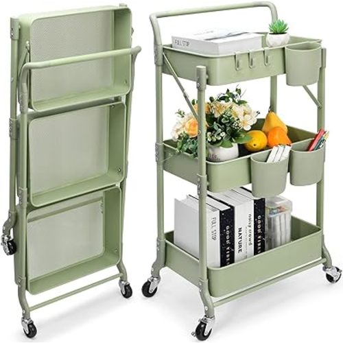 Foldable 3 Tier Rolling Cart, Folding Metal Utility Cart, Mobile Multi-Function Storage Trolley Organizer Cart for Home Library Office(Green)