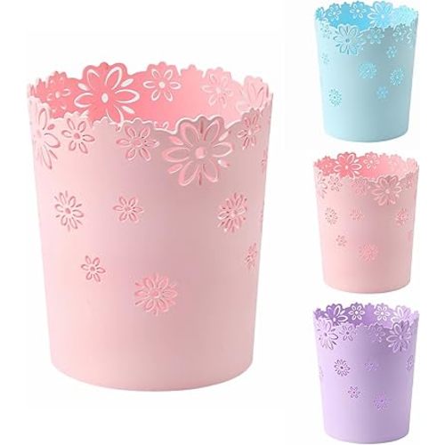 Mini Wastebasket Small Pink Trash can Room Decor Hollow Flower Shape Plastic Lidless Round Garbage Container Bin for Bathroom, Kitchen, Bedroom, Home Office, College Dormitory (Pink, M)