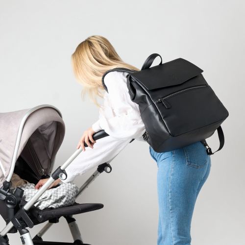 Black Baby Changing Backpack, Water-Resistant, Vegan Leather Baby Mom Bag, Award-Winning, Pregnancy Bag, Hospital Bag, New Mom Gift
