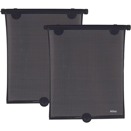 Nuby 14" Roller Vehicle Side Window Sun Protection Shade for Baby | 2 Pack | Pull Down with Suction Cups and Press Button Roll Up | Black - Roller Shade