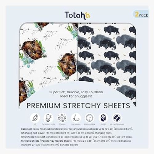 TotAha Buffalo Bassinet Fitted Sheets, Super Stretchy Jersey Cradle Sheets Fitted 18 x 36, Buttery Soft Moses Basket Sheet Universal for Oval, Rectangle Hourglass Bassinet Mattress