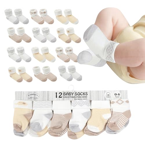 Baby Socks 0-6 Months - 12 Pairs, Organic Cotton Infant Socks, Unisex, Soft & Hypoallergenic Newborn Socks, (US, Age, 0 Months, 6 Months, 12, Brown)