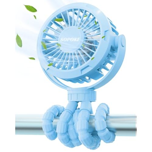 SOPOKE Mini Portable Baby Stroller Fan,3 Speed Personal Handheld Fan,Battery Operated Rechargeable 360° Flexible Tripod Cooling Fan, Suitable for Car Seat Crib Treadmill Golf Cart Travel(Blue)
