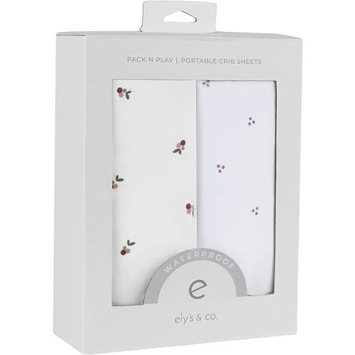 Ely's & Co. Patent Pending Waterproof Pack and Play Sheets, 100% Cotton with Waterproof Lining – 2 Pack Fitted Mini Crib Sheet Set, Berry and Cluster Dot (Lavender) 38” x 24”