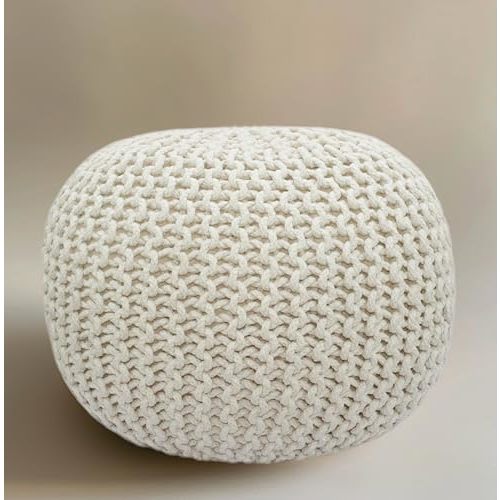 COTTON CRAFT Round Dori Pouf - Cotton Braid Cord Cable Knitted Ottoman - Foot Stool Footrest Floor Pouf Accent Furniture Bean Bag - Living Room Dorm Décor - 20.5 Dia x 13.5 High - Round Ivory Cream