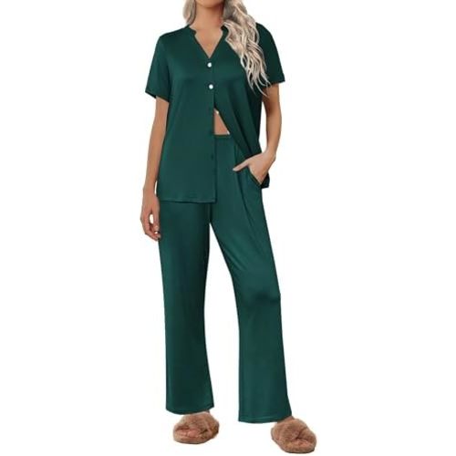 Ekouaer Women Pajamas Set Button Up Pj Sets Short Sleeve Sleepwear with Long Pants Soft Loungewear S-XXL