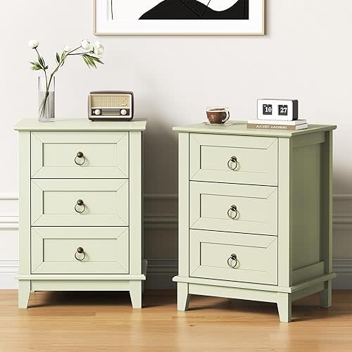 RoyalCraft Painted Nightstand Set of 2, Tall Bedside Table with 3 Drawers, Farmhouse Wood End Table for Bedroom, Living Room, Light Green