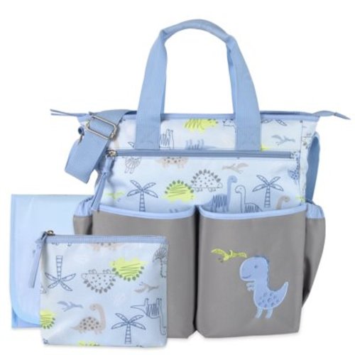 Baby Essentials 13.5”L 3 Piece Multi-Pocket Crossbody Diaper Bag Tote with Matching Changing Pad and Zippered Pacifier Pouch for Newborns, Infants & Toddlers in Blue & Gray Dinosaurs