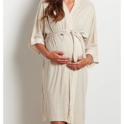 PinkBlush Beige Crochet Trim Delivery/Nursing Maternity Robe