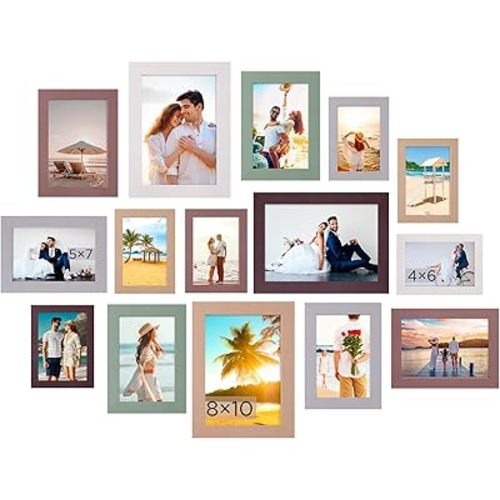 Funtopia 15 Pack Picture Frames, Gallery Wall Frame Set for Family, 8x10, 5x7, 4x6 Photo Frames Collage for Wall Hanging or Tabletop Display, 6 Colors