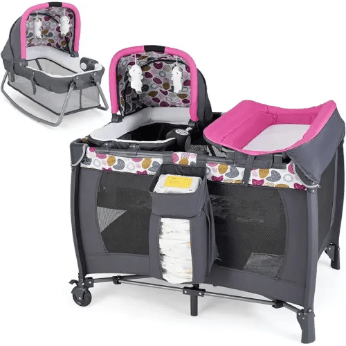 HONEY JOY Pack and Play with Bassinet, Infant Nursery Center Pack and Play w/Newborn Cradle & Hanging Toys, Diaper Storage Bag, Music, Carry Bag, Portable Baby Playard w/Changing Station (Pink)