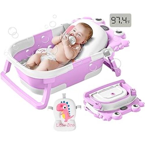 Collapsible Baby Bathtub for Infants to Toddler with Real-time Temp Monitor+Floating Cushion,Foldable Baby Bath Tub Set Applicable 0-36 Month,Portable Travel Bathtub for Newborns Girl (Purple)