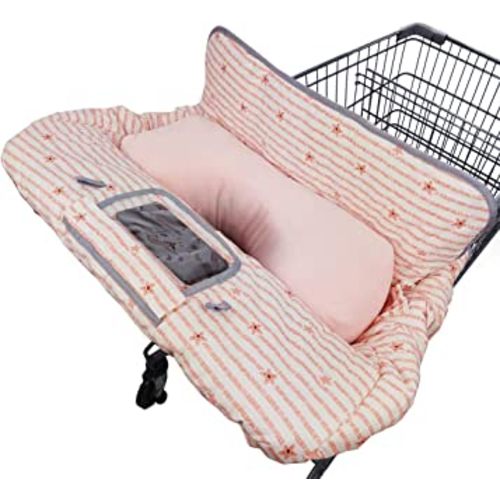 Shopping Cart Cover for Baby/Toddler with Pillow, 2-in-1 Cotton High Chair Cover, Sturdy Stay, Easy Attach & Remove, fit Cellphone Holder & Toy Loops, Perfect for Girl (Pink Strip Star)