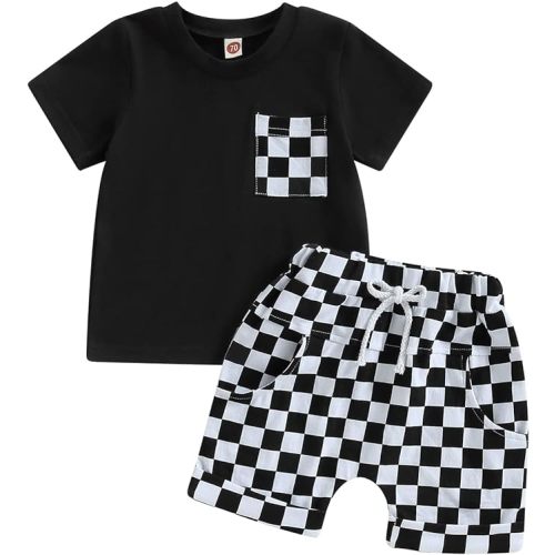 Karuedoo Baby Boy Girl Summer Outfits Checkered Plaid Short Sleeve T-Shirt Top Shorts Set Trendy Toddler Checkerboard Outfit