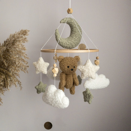 Boucle Crib Baby Mobile with Brown Bear Boucle Moon and Stars Neutral Mobile Baby Boy Girl Shower gift Baby Nursery Decor Cot Mobile