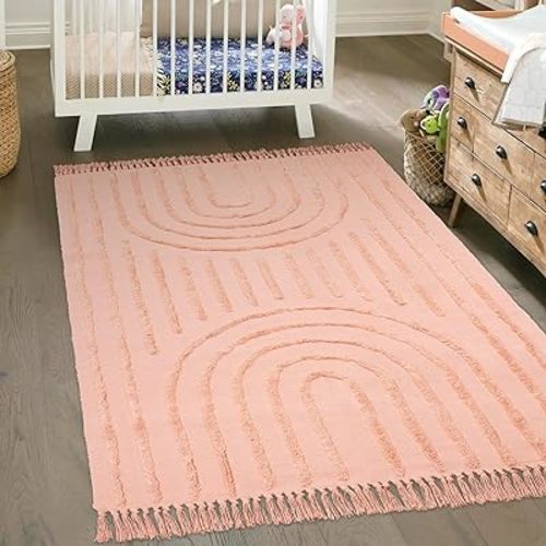 Lanffia Boho Rug 4x6, Modern Pink Rainbow Rug for Living Room and Kids Room, Washable Rug with Tassel Soft Woven Girls Bedroom Rug Cute Low Pile Floor Carpet for Indoor Use