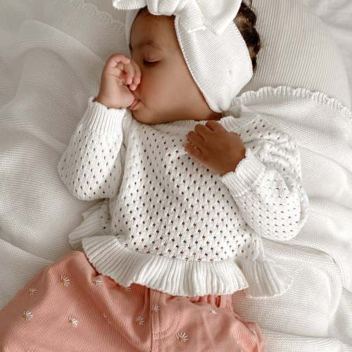 Crochet Long Sleeve Frill Top - Milk