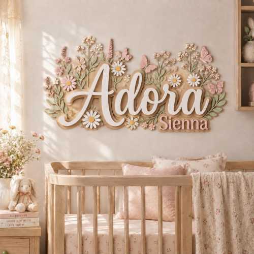 Personalized 3D Wood Name Sign, Floral Butterfly Nursery Decor, Boho Baby Girl Wall Art