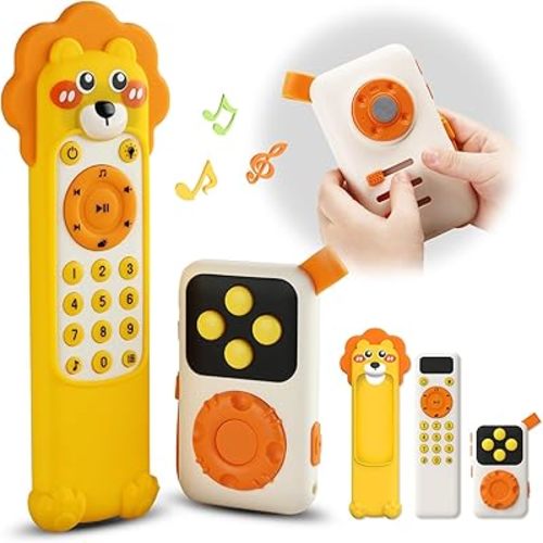 Montessori TV Remote Toys with Silicone Case & MP3, Teething Baby Toys 6 12 18 Months with Light & Sound for 1 2 Year Old, Infant Toddler Birthday Gifts Boys Girls