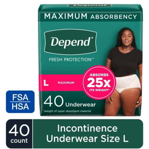 Depend Women's Incontinence & Postpartum Underwear, Max Absorbency, Bladder Leak Protection, L, 40 Count