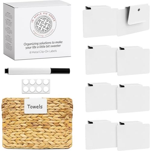Labels for Storage Bins | Metal Storage Bin Clips (2.5” x 3.5”) - Set of 8 Basket Clip On Tags for Storage Bins w/Non-Slip Grip Pads & Dry Erase Marker - Removable Bin Labels for Storage Baskets