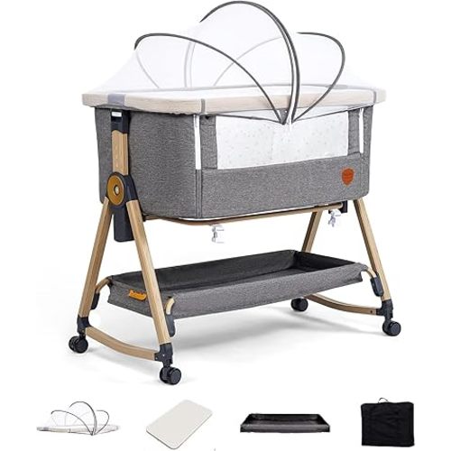 Maydolly Baby Bassinet, 3 in 1 Baby Bassinet Bedside Sleeper, Bedside Bassinet for Baby Bedside Crib with Storage Basket and Wheels, Easy Folding for Infant Newborn (Grey)