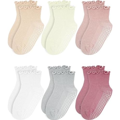 Sooneeya Baby Ankle Socks Toddler Frilly Socks with Grippers Comfortable & Soft Casual Sock for Kids 0-12 Months 6 Pairs White Beige Grey Orange Pink Deep Pink