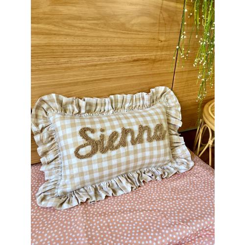 SAND GINGHAM Personalised Ruffled Cushion Handmade Punch Needle Decor | Gingham Nursery Kids Children Room Styling | Custom Gift Baby Shower