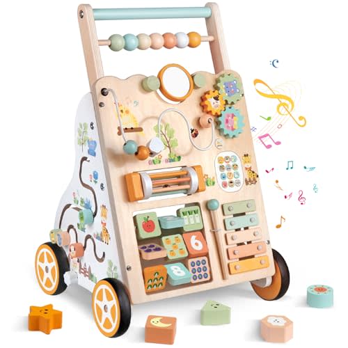 Wooden Baby Walker with Wheels, Push Walker with Baby Activity Center, Montessori Walking Toy for Girls Boys, Ajustable Speed & Height Activity Toy for Toddler Learning to Walk