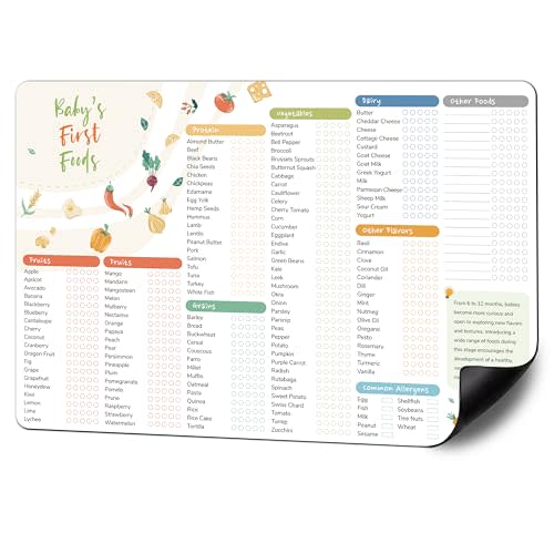 BIROYAL Baby First Foods Tracker Fridge Magnet, Led Weaning Supplies, 12"x8" Dry Erase Daily Food Log, 101 Foods Checklist Before One, Baby Feeding Essentials