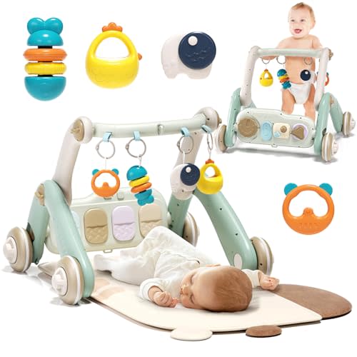 Jovow 2 in 1 Baby Gym with Walker,Baby Play Mat with 4 Infant Learning Sensory,Double-Sided Multifunctional Removable Play Piano Panel,Sit-to-Stand Learning Walker for 0-24 Months Boy Girl [White]