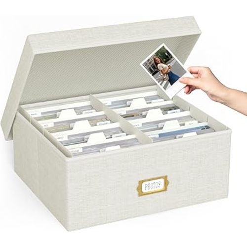 Decorative Photo Storage Box - Linen Photo Box Organizer with Dividers, Fits Holds Up to 1700 Pictures and 4x6 Photos, Memory Keepsake Organizer for Photos, Scrapbook Supplies, Cards, Stamps (Beige)