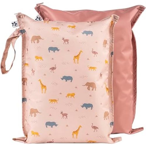 Tiny Twinkle Mess-proof Wet Bags 2 Pack Waterproof and Washable Bag for Travel storage, Stroller, Daycare, Baby Diapers, Yoga, Beach, Pool, Wet Toddler Swimsuits (Petite Safari)