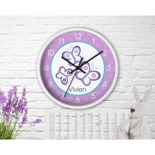 Purple Butterfly Wall Clock, Teal and Purple Butterflies, Girls Room Clock, Baby Girl Nursery Clock, Personalized
