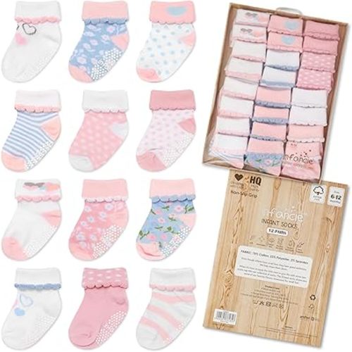 Baby Socks 12 Pairs - Non-Slip Infant Grip for Newborns & Toddlers 6-12 Months, Boys & Girls, Safe for Walking