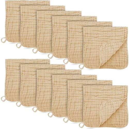 12 Pack Muslin Burp Cloths - Large 20" x 10", Ultra Absorbent 100% Cotton for Baby Drool and Messes - Soft, Gentle Baby Burp Rag for Boys & Girls -Brown