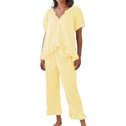 Cotton Pajamas for Women Set Plaid 2 Piece Short Sleeve Tops and Pants Cute Gingham Pj Lounge Set