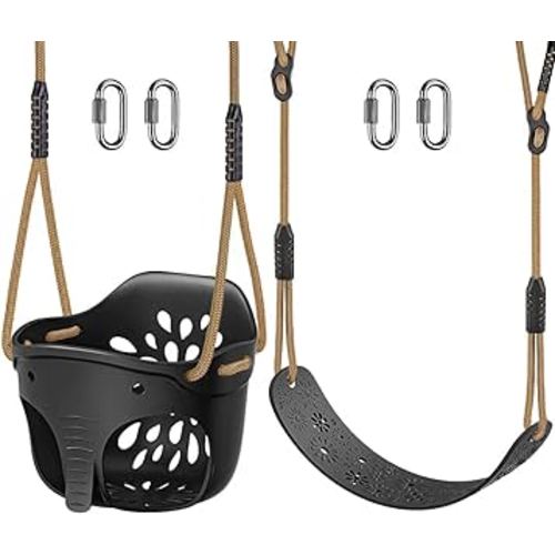 SELEWARE Toddler Swing Set Accessories High Back Full Bucket Swing Seats w/Adjustable Rope and 4 Locking Carabiners, Cute Elephant Shape Design 600LB Capacity (2 Pack)