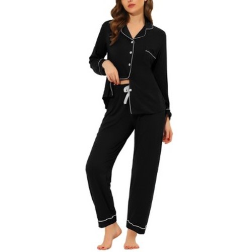 cheibear Women's Long Sleeves Pants Button Down Lounge Pajamas Set, Color: Black, Size: large