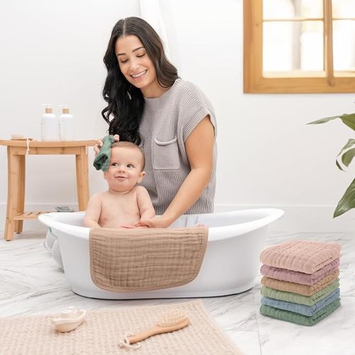 Baby Washcloths, Muslin Cotton Baby Towels Large 10”x10” Wash Cloths Soft on Sensitive Skin, Absorbent for Boys & Girls, Newborn & Toddlers Bibs & Burp Cloths Essentials Set (Multicolor, Pack of 10) - 10-Pack 10"X10"