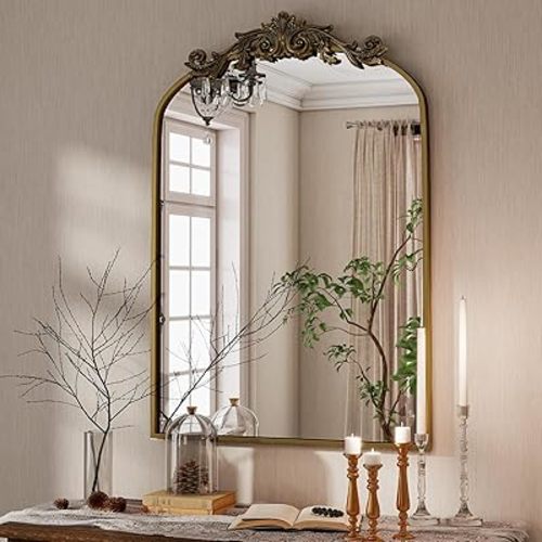 Vintage Arched Bathroom Mirror, 24x36 Inch Retro Wall Mounted Vanity Mirror with Carved Pattern Top and Metal Frame, Antique Decorative Mirror for Hanging or Leaning