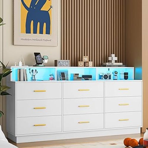 White 9 Drawer Dressers for Bedroom, Modern Large Dresser with LED Light and Power Outlet, Wooden Long Dresser for Bedroom, Entryway, Living Room