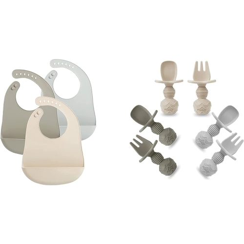 PandaEar 3 Pack Waterproof Silicone Baby Bibs & 6 Pack Silicone Baby Spoons and Fork Feeding Set
