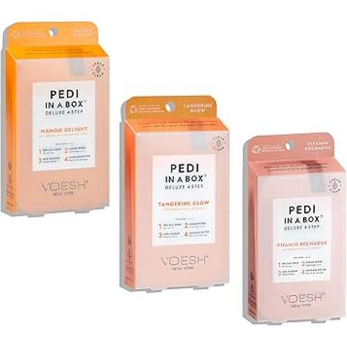 VOESH Pedi in a Box 4 Step Fruity Trio - 3 Pack of Mango Delight, Tangerine Twist & Vitamin Recharge Pedis, Home Pedicure, Vegan Foot Care, DIY Pedi
