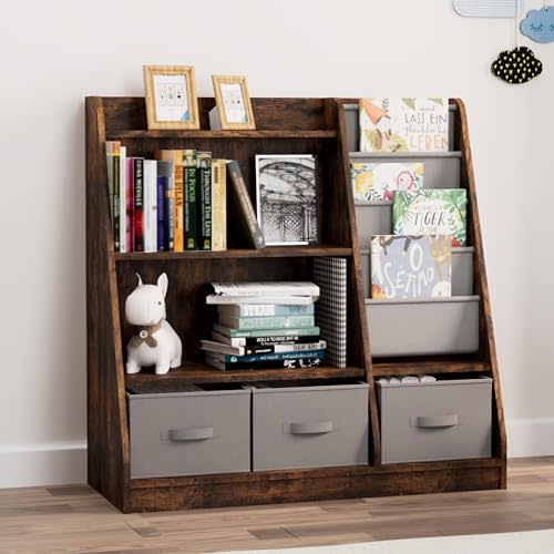 HedoAjim Rustic Kids Bookshelf Wood Montessori Toy Storage Organizer Cabinet Shelf Child Bookcase Toddler Baby Sling Book Rack 3 Cube Bin Fabric Drawers for Playroom Bedroom Nursery School