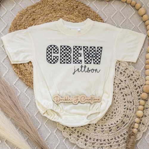 Oversized Personalized Checkered First and Middle Name Bubble Romper Bodysuit, Baby/Toddler/Kid/Youth Tee, Baggy Romper, CPSC Compliant