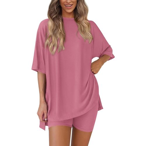 PRETTYGARDEN Women's Two Piece Lounge Set 2025 Summer Casual Oversized Shirts Biker Shorts Matching Airport Travel Outfit