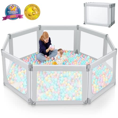 Kidirect Foldable Baby Playpen, 71"×69" Large Baby Playpen, Baby Play Pen with Upgrade Safety Gate, Playpen for Babies and Toddlers Ajustable Shape &Size, Indoor &Outdoor Portable Baby Play Yard, Grey