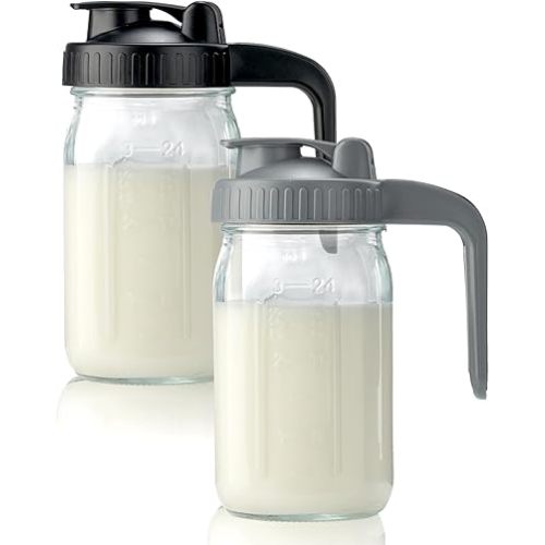2 Pack 32oz Glass Pitcher with Lid & V-shaped Pour Spout - 1 Quart Breastmilk Pitcher Double Leak Proof, Creamer Container for Sun Tea, Juice, Cold Brew Coffee, Breastmilk Storage Container