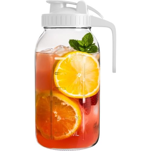 Glass Mason Jar Pitcher, 64 oz Wide Mouth Jug with Pour Spout Handle Lid for Cold Brew Coffee, Ice Beverage, Iced Juice, Lemonade, Sun Tea, Fruit Drinks Container（White）
